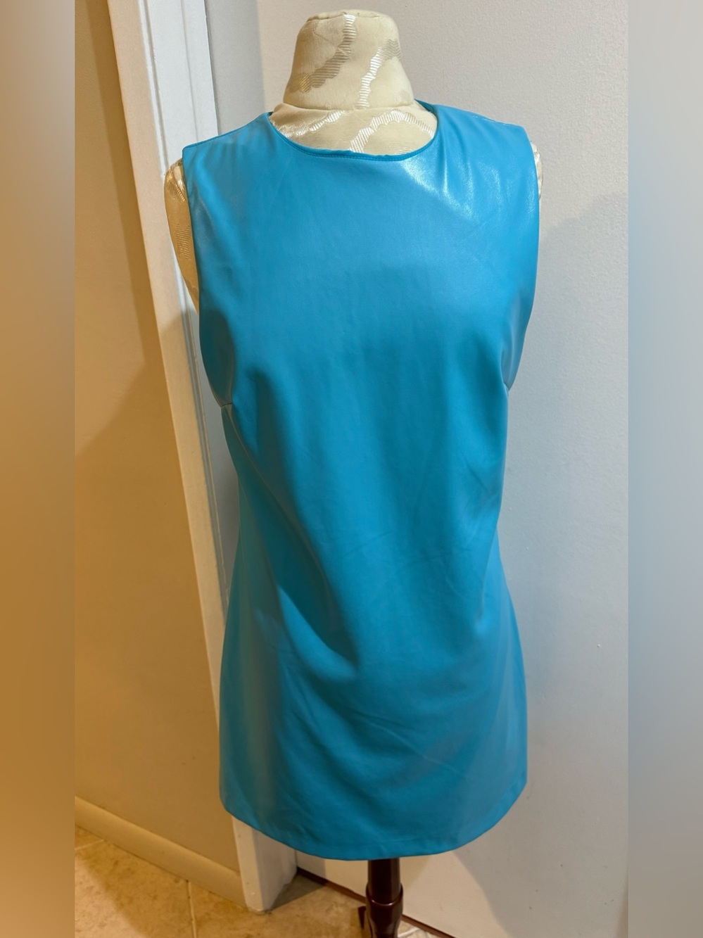 House of Harlow Faux Leather Vibrant Turquoise Lined Sleeveless Zip Midi Dress M
